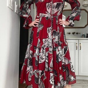 Autumn Adeigbo Red and Black Floral Long Sleeve Dress